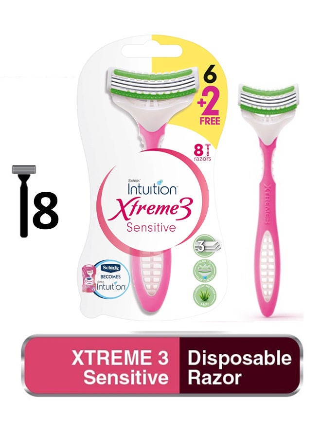 Intuition Xtreme 3 Disposable Flexible Triple Blade Razor for Women, 8 Razors