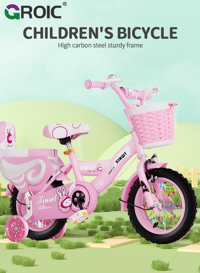 Girls Bike for Toddlers and Kids,12 Inch Kids Bike with Training Wheels & Basket,Girl Bicycle with Handbrake & Kickstand