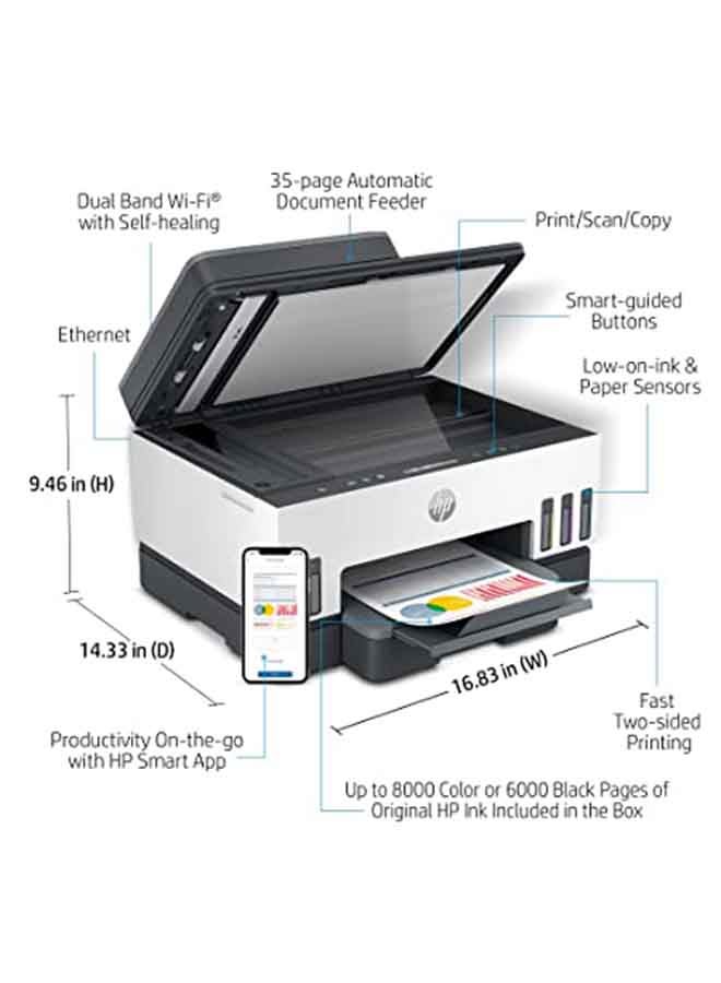 HP Smart Tank 750 All-in-One Printer Wireless, Print, Scan, Copy, Auto Duplex Printing, Auto Document Feeder, Print up to 18000 black or 8000 color pages, White/Grey  [6UU47A] White/Grey