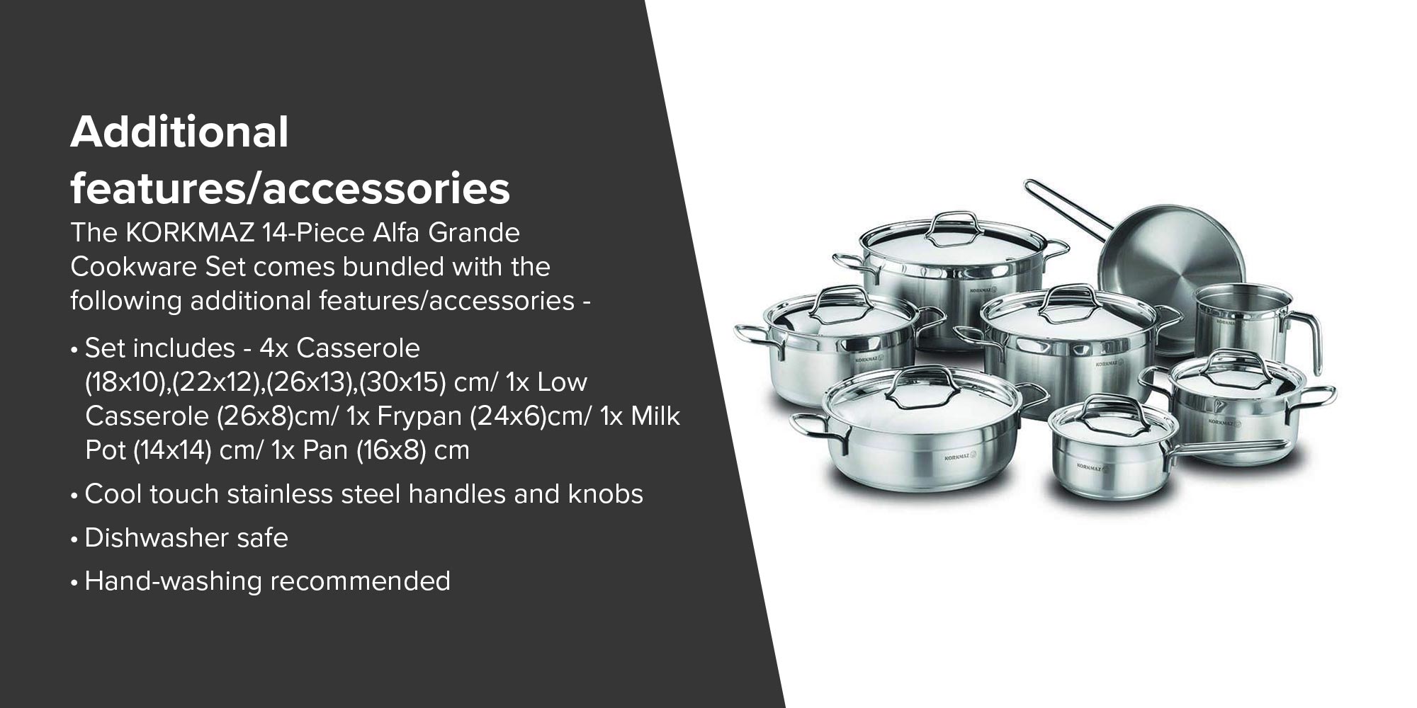 14-Piece Casting From High Quality Stainless Steel Fixed Non-Slip Handles Cookware Set Includes (12x22 cm) Casserole 4.0 liter, (13x26 cm) Casserole 6.8 liters, (15x30 cm) Casserole 11.0 liters, (8x26 cm) 4.2-liter Short Casserole, (24x6 cm) Frying Pan 2.7 liters , Milk Pan 2.0 liter (14x14 cm), Casserole With Handle 1.6 liter (16x8 cm), 6 Lids Silver