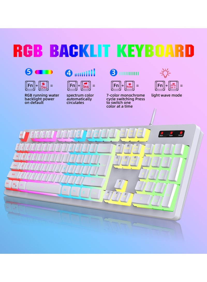 Gaming membrane keyboard pudding keycap wired RGB backlight mechanical feel computer keyboard with Wired Gaming Mouse With Light white