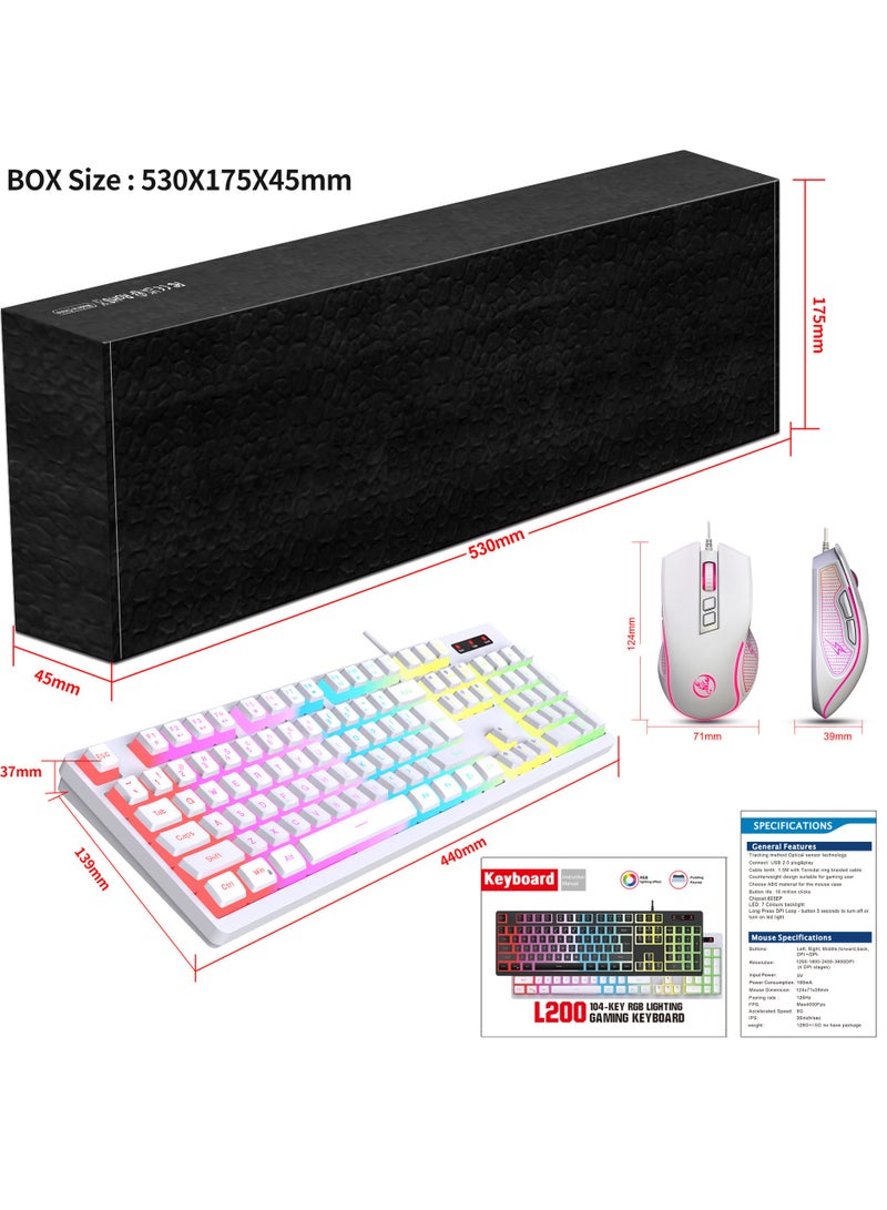 Gaming membrane keyboard pudding keycap wired RGB backlight mechanical feel computer keyboard with Wired Gaming Mouse With Light white