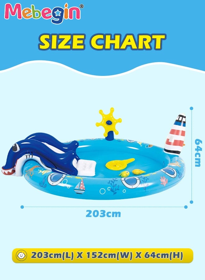 203*152*64cm Kiddie Pool, Thicken Wear-Resistant Swimming Pool with Water Slide, Kiddie Inflatable Play Center with Spray Water, Easy to Set up and Storage, Suitable for Backyard, Garden, Beach and Summer Party