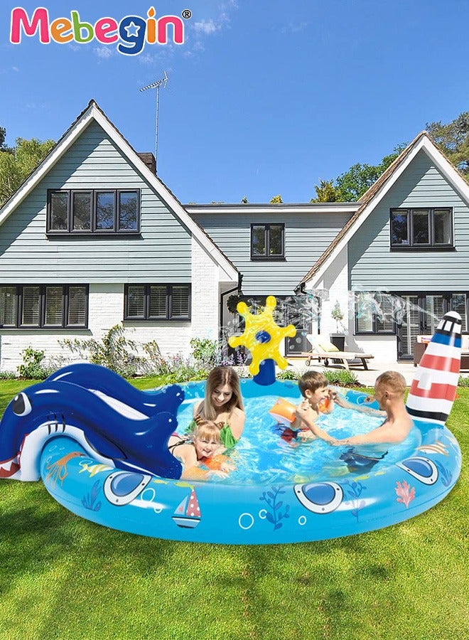 203*152*64cm Kiddie Pool, Thicken Wear-Resistant Swimming Pool with Water Slide, Kiddie Inflatable Play Center with Spray Water, Easy to Set up and Storage, Suitable for Backyard, Garden, Beach and Summer Party