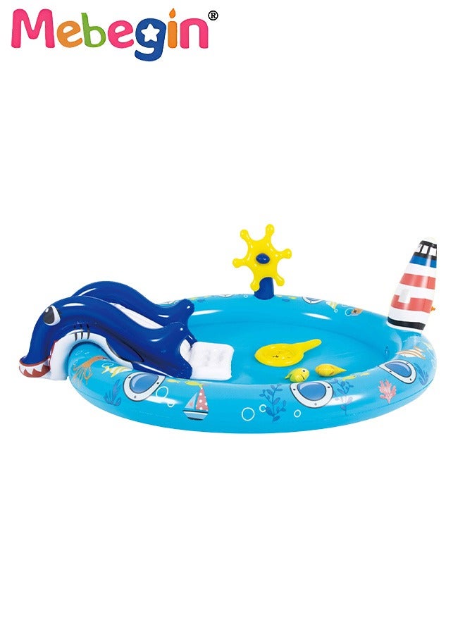 203*152*64cm Kiddie Pool, Thicken Wear-Resistant Swimming Pool with Water Slide, Kiddie Inflatable Play Center with Spray Water, Easy to Set up and Storage, Suitable for Backyard, Garden, Beach and Summer Party