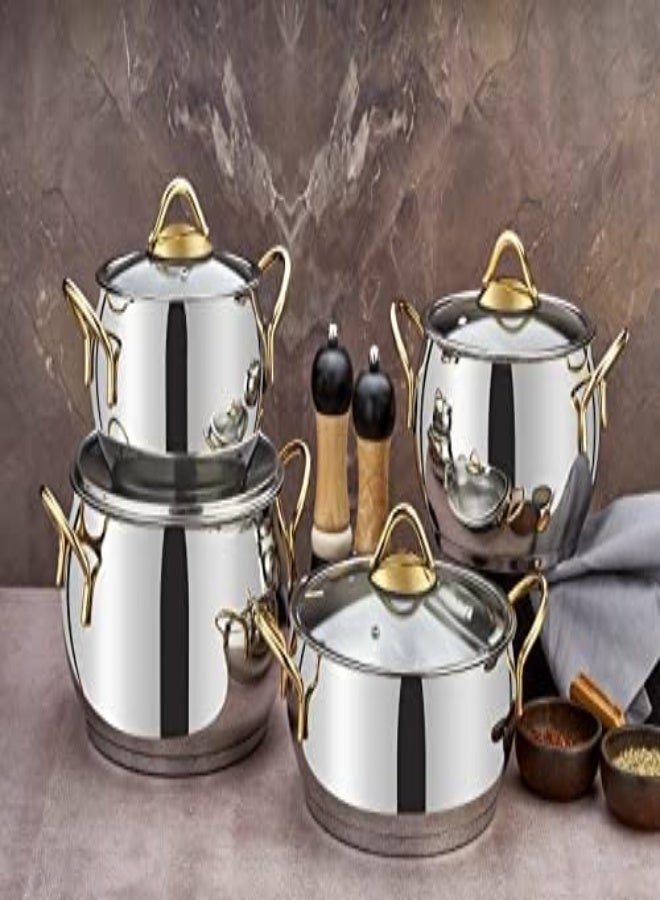 8 Pieces Sevval Cookware Set 18 Cm Deep Pot, 20 Cm Deep Pot, 24 Cm Deep Pot, 24 Cm Low Pot Silver/Gold Color