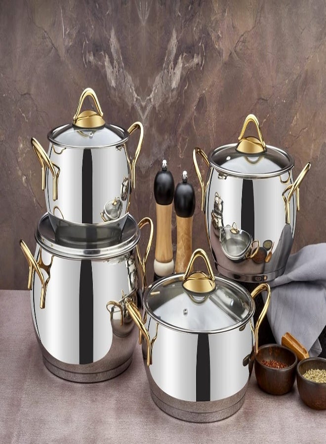 8 Pieces Sevval Cookware Set 18 Cm Deep Pot, 20 Cm Deep Pot, 24 Cm Deep Pot, 24 Cm Low Pot Silver/Gold Color