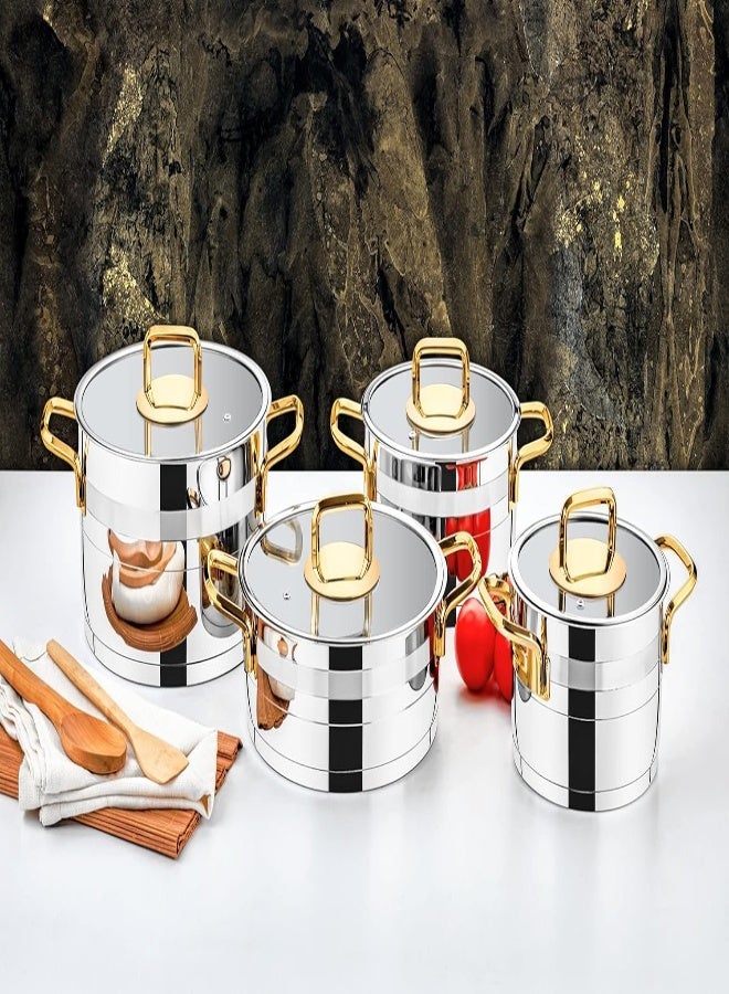 8 Pieces Safir Cookware Set 18 Cm Deep Pot, 20 Cm Deep Pot, 24 Cm Deep Pot, 24 Cm Low Pot Silver/Gold Color