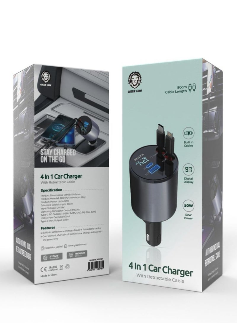 Green Lion 4 In 1 Car Charger With Built-In Retractable Type-C + Lightning Cables & USB-A + Type-C Ports_Black