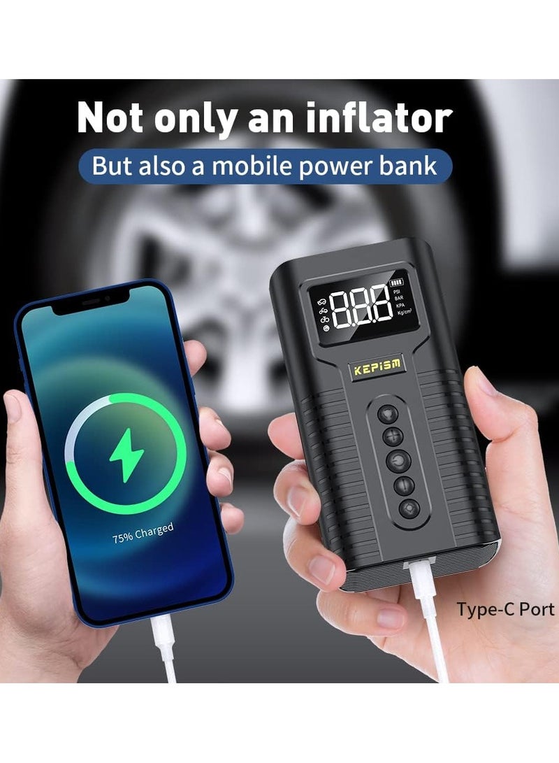 Tire Inflator Portable Air Compressor Dual Power Supply Air Pump for Car Tires Accurate Pressure LCD Display Compact Air Inflator with LED Light for Car Bike Motorcycle Ball