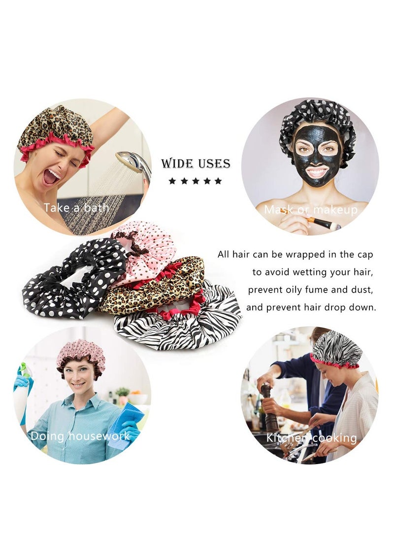 TCOTBE 4 Pieces Shower Cap for Women, Elastic and Reusable, Environmental Protection Hair Bath Caps, Double Waterproof Layers Bathing Hat