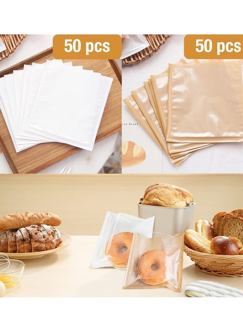 100 Pcs Heat-Sealable Bakery Bags, Cookie Bags, Translucent Candy Bags, Kraft Paper Food Bags for Cookie, Cake, Bread, Sandwich, Chocolate, Candy, Snack (7.1 * 7.5 in)