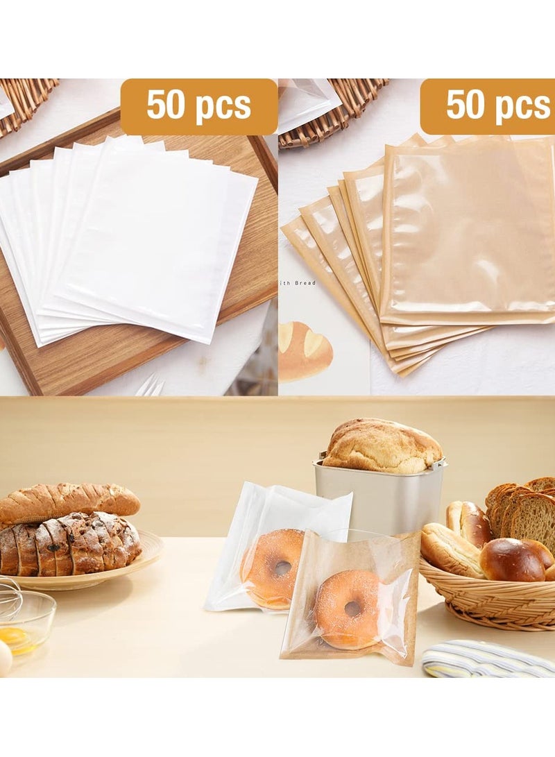 100 Pcs Heat-Sealable Bakery Bags, Cookie Bags, Translucent Candy Bags, Kraft Paper Food Bags for Cookie, Cake, Bread, Sandwich, Chocolate, Candy, Snack (7.1 * 7.5 in)