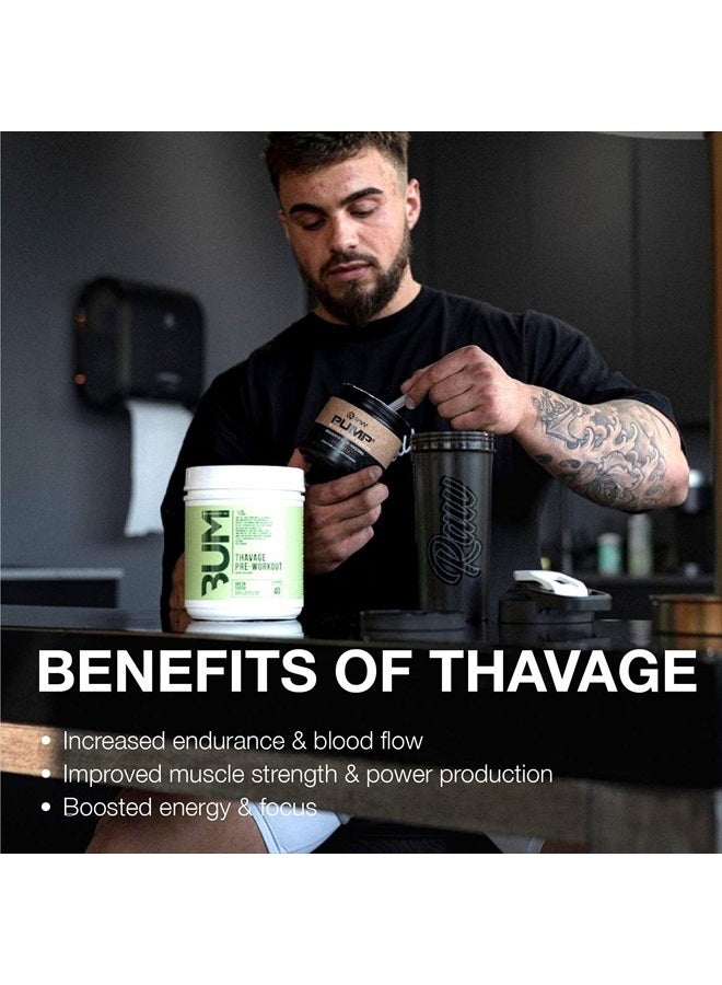 Preworkout Powder, Thavage (Green Crush) - Chris Bumstead Sports Nutrition Supplement for Men & Women - Cbum Pre Workout for Working Out, Hydration, Mental Focus & Energy - 40 Servings