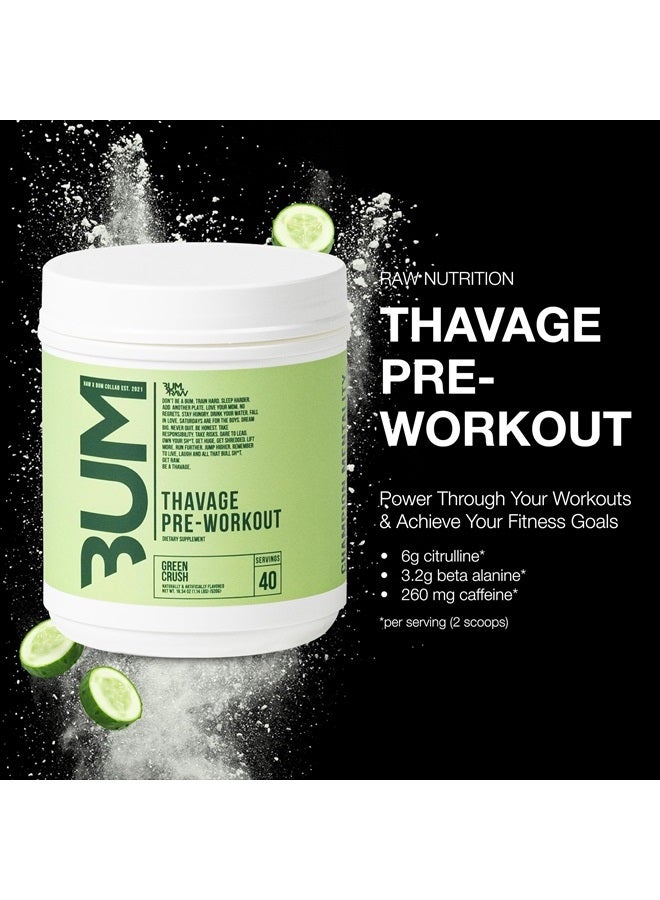 Preworkout Powder, Thavage (Green Crush) - Chris Bumstead Sports Nutrition Supplement for Men & Women - Cbum Pre Workout for Working Out, Hydration, Mental Focus & Energy - 40 Servings