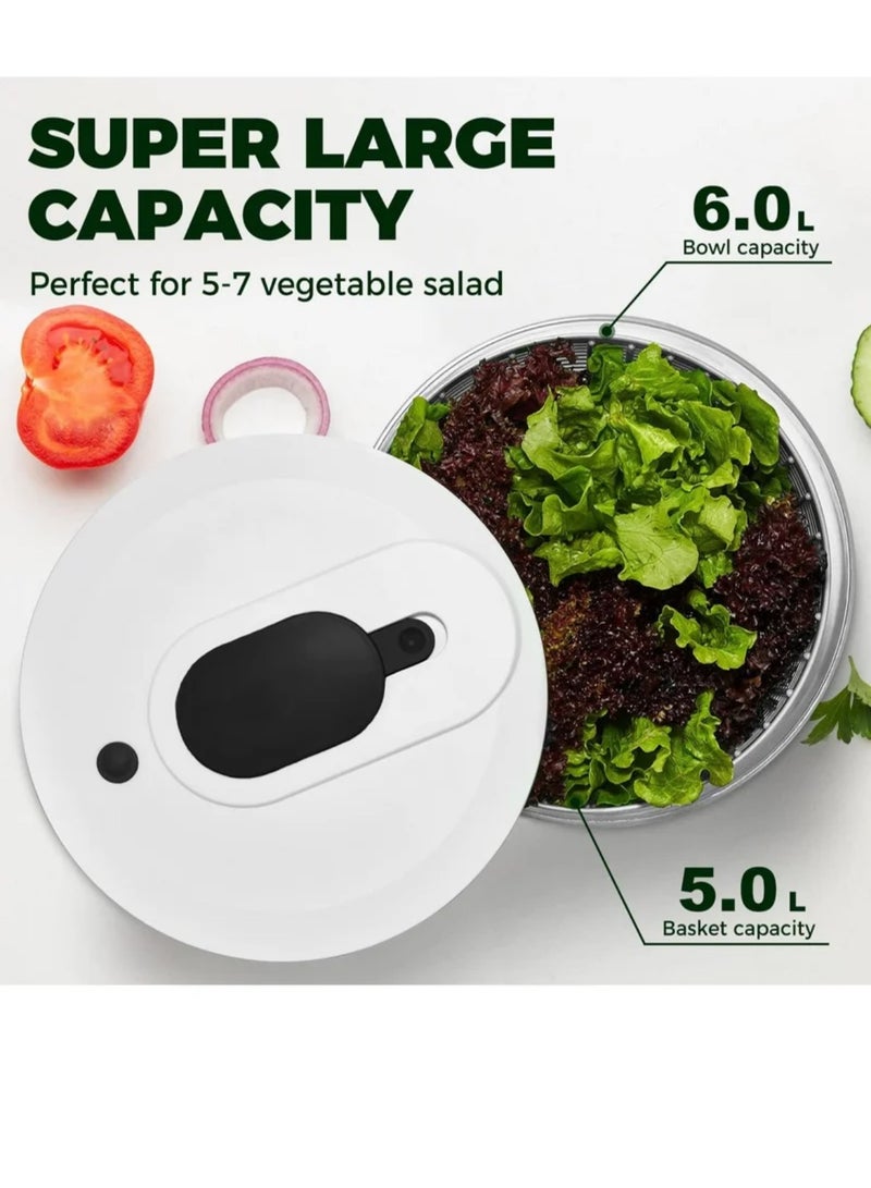 Salad Spinner Large 6L, Manual Lettuce Spinner for Vegetable Prepping, One-Handed Pump Fruit Spinner, Quick Drying Salad Leaves with Bowl and Colander