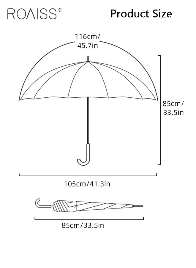 Unisex Straight-Pole Long-Handled Umbrella with High-Density Waterproof Coating Leather Handle Curved Hook for Easy Grip Semi-Auto 16-Rib Design for Rain Sun and Wind