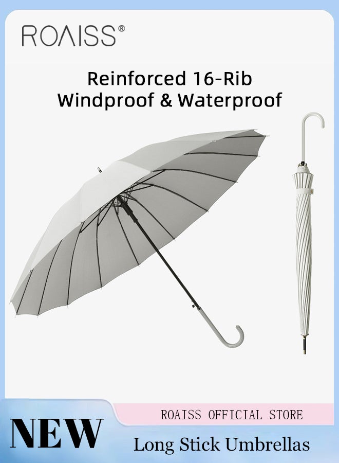 Unisex Straight-Pole Long-Handled Umbrella with High-Density Waterproof Coating Leather Handle Curved Hook for Easy Grip Semi-Auto 16-Rib Design for Rain Sun and Wind