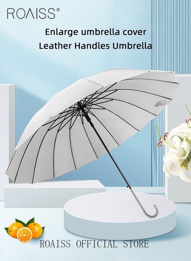 Unisex Straight-Pole Long-Handled Umbrella with High-Density Waterproof Coating Leather Handle Curved Hook for Easy Grip Semi-Auto 16-Rib Design for Rain Sun and Wind