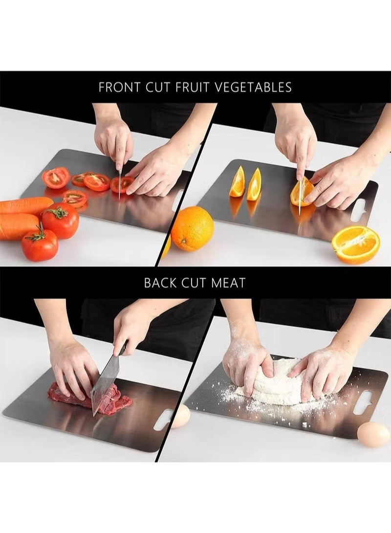 2Pcs Cutting Board，Kitchen Cutlery Accessories, Heavy Duty Non-Slip，304 Stainless Steel Cutting Board, Dishwasher Safe Cutting Board - Thick Cutting Board for Meat, Vegetables, Fruits, Easy Grip Handle, Non-Slip (Silver)