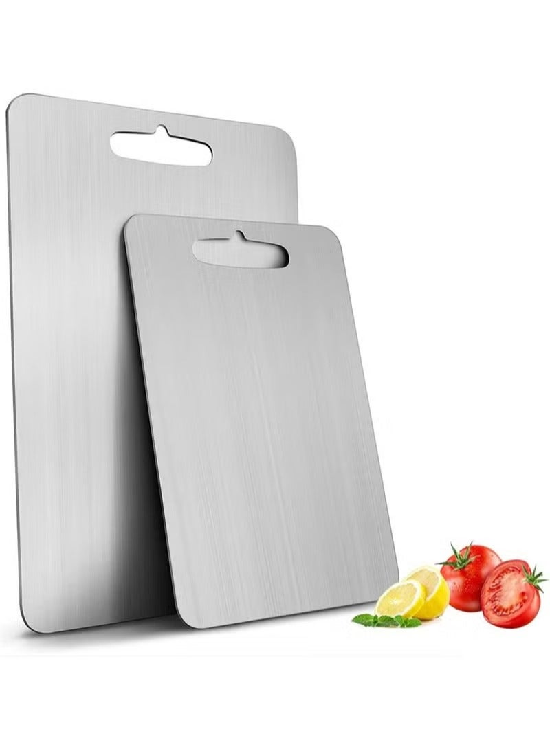 2Pcs Cutting Board，Kitchen Cutlery Accessories, Heavy Duty Non-Slip，304 Stainless Steel Cutting Board, Dishwasher Safe Cutting Board - Thick Cutting Board for Meat, Vegetables, Fruits, Easy Grip Handle, Non-Slip (Silver)