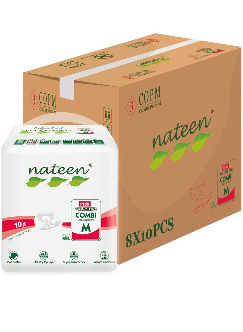 Nateen Combi Plus Incontinence Adult Diaper,Medium,Waist Size 95-125cm,80 Count Adult Diapers,with Super Absorbent Layer, Leak Guard,Disposable Underwear for Men&Women-1900ml Absorbency.