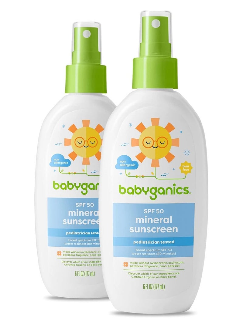 Babyganics SPF 50 Baby Sunscreen Spray | UVA UVB Protection | Octinoxate & Oxybenzone Free | Water Resistant, Unscented, 6 Fl Oz (Pack of 2)