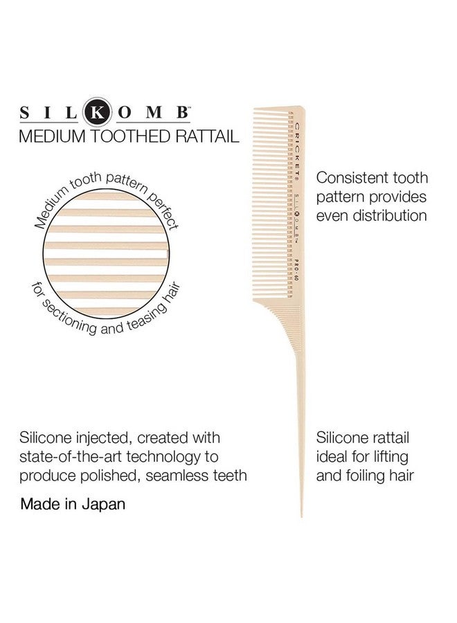 Silkomb Pro60 Medium Tooth Rattail Professional Hair Stylist Comb For Teasing Sectioning Parting Lifting Styling Coloring Hair