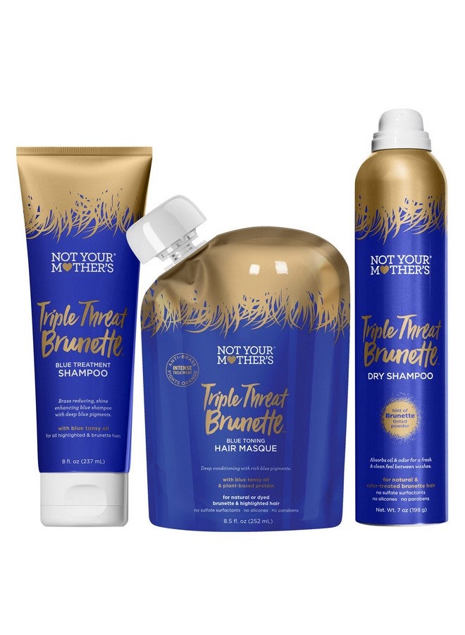 Ot Your Mother'S Triple Threat Brunette Shampoo Hair Masque And Dry Shampoo (3Pack) Blue Shampoo Toning Hair Mask And Dry Shampoo For Brunettes Enhances Shine Reduces Brass Refreshes Hair