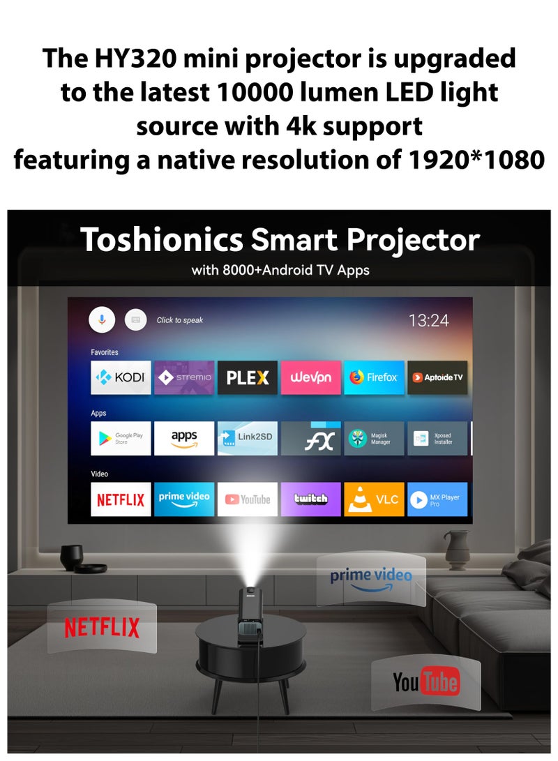 Toshionics 4k Home Cinema Projector 1080P Full HD Projector Mini Portable Smart Projector 180° Rotation, 150'' Display, 390 ANSI Lumens, WiFi 6, Bluetooth 5.0, Auto Keystone, Android 11.0