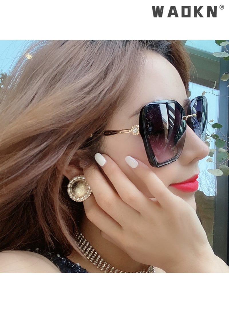 Women's Square Sunglasses, UV400 Protection Sun Glasses with Sequin Side Design, Fashion Anti-glare Sun Shades for Women with Glasses Case, 55mm, Transparent Black