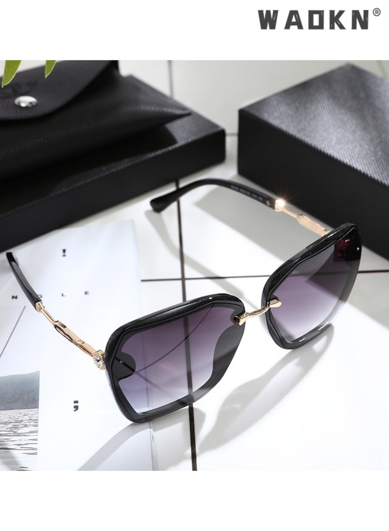 Women's Square Sunglasses, UV400 Protection Sun Glasses with Sequin Side Design, Fashion Anti-glare Sun Shades for Women with Glasses Case, 55mm, Transparent Black