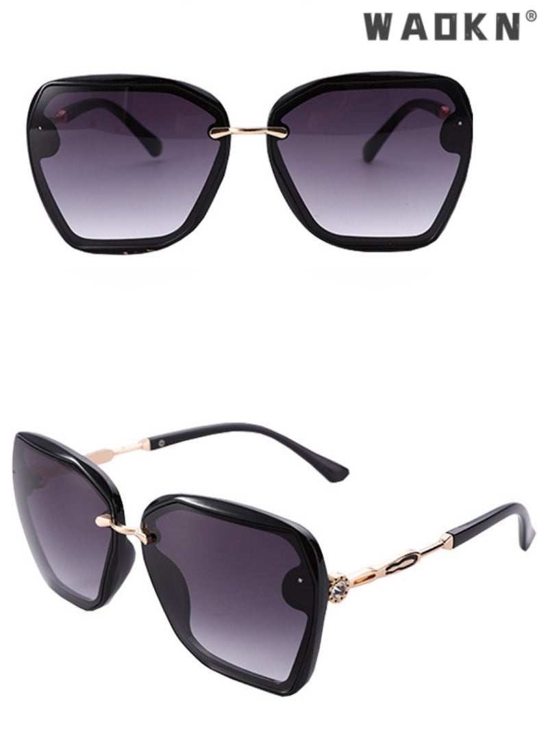 Women's Square Sunglasses, UV400 Protection Sun Glasses with Sequin Side Design, Fashion Anti-glare Sun Shades for Women with Glasses Case, 55mm, Transparent Black