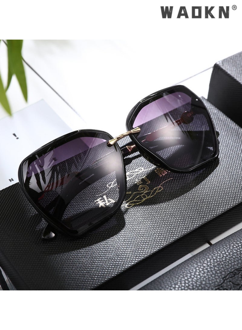 Women's Square Sunglasses, UV400 Protection Sun Glasses with Sequin Side Design, Fashion Anti-glare Sun Shades for Women with Glasses Case, 55mm, Transparent Black