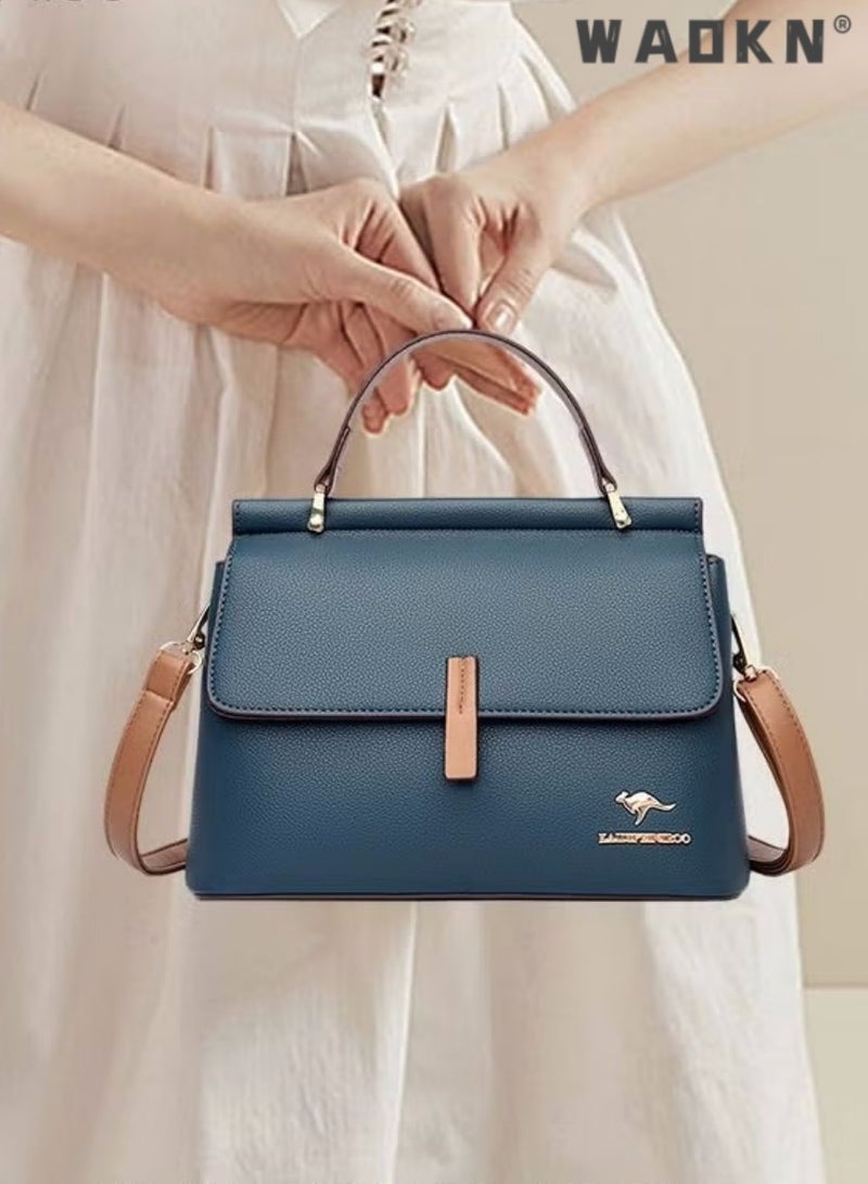 Texture Shoulder Crossbody Bag Fashion Elegant Exquisite Multi-pocket Charm High-Quality Fabric Large Capacity Handbag for Women/Mother/Girl Friend Gift Soft Leather Waterproof Fashion Handbag Blue