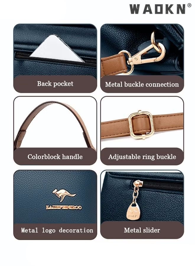 Texture Shoulder Crossbody Bag Fashion Elegant Exquisite Multi-pocket Charm High-Quality Fabric Large Capacity Handbag for Women/Mother/Girl Friend Gift Soft Leather Waterproof Fashion Handbag Blue