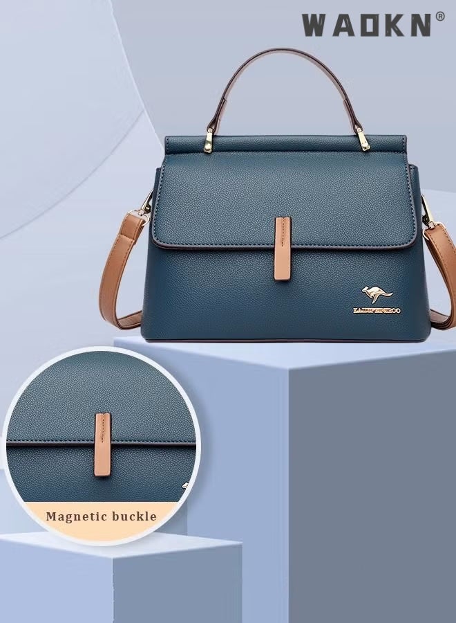 Texture Shoulder Crossbody Bag Fashion Elegant Exquisite Multi-pocket Charm High-Quality Fabric Large Capacity Handbag for Women/Mother/Girl Friend Gift Soft Leather Waterproof Fashion Handbag Blue