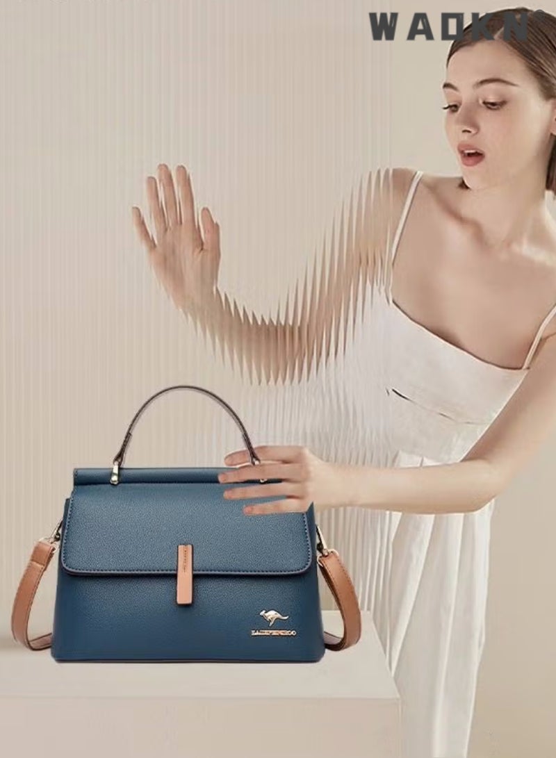 Texture Shoulder Crossbody Bag Fashion Elegant Exquisite Multi-pocket Charm High-Quality Fabric Large Capacity Handbag for Women/Mother/Girl Friend Gift Soft Leather Waterproof Fashion Handbag Blue