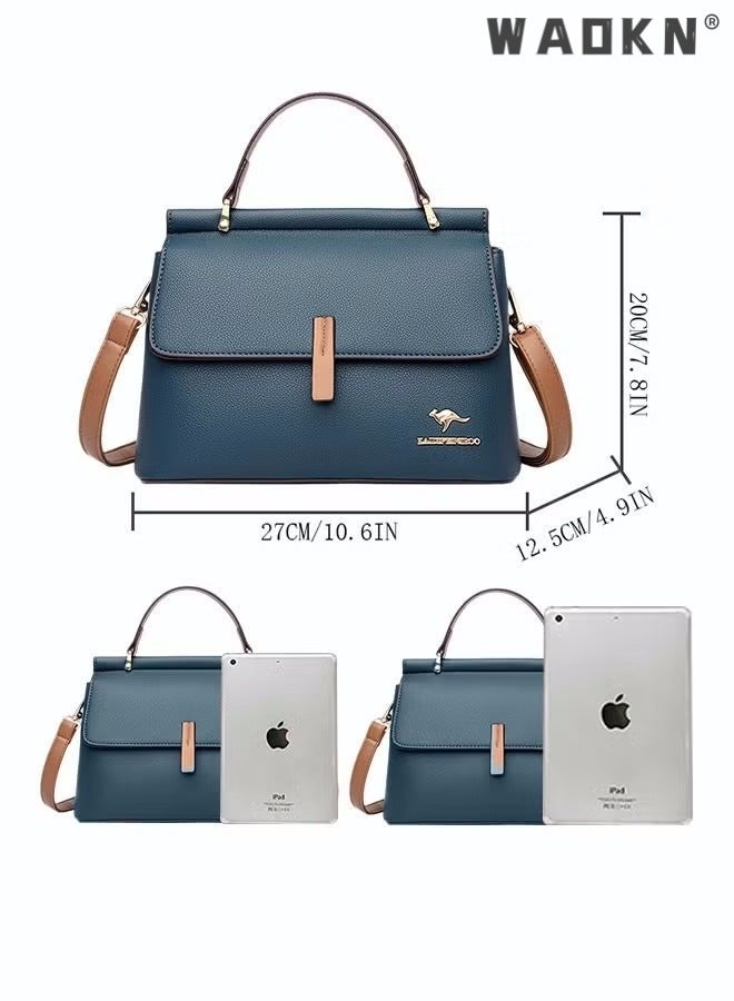 Texture Shoulder Crossbody Bag Fashion Elegant Exquisite Multi-pocket Charm High-Quality Fabric Large Capacity Handbag for Women/Mother/Girl Friend Gift Soft Leather Waterproof Fashion Handbag Blue