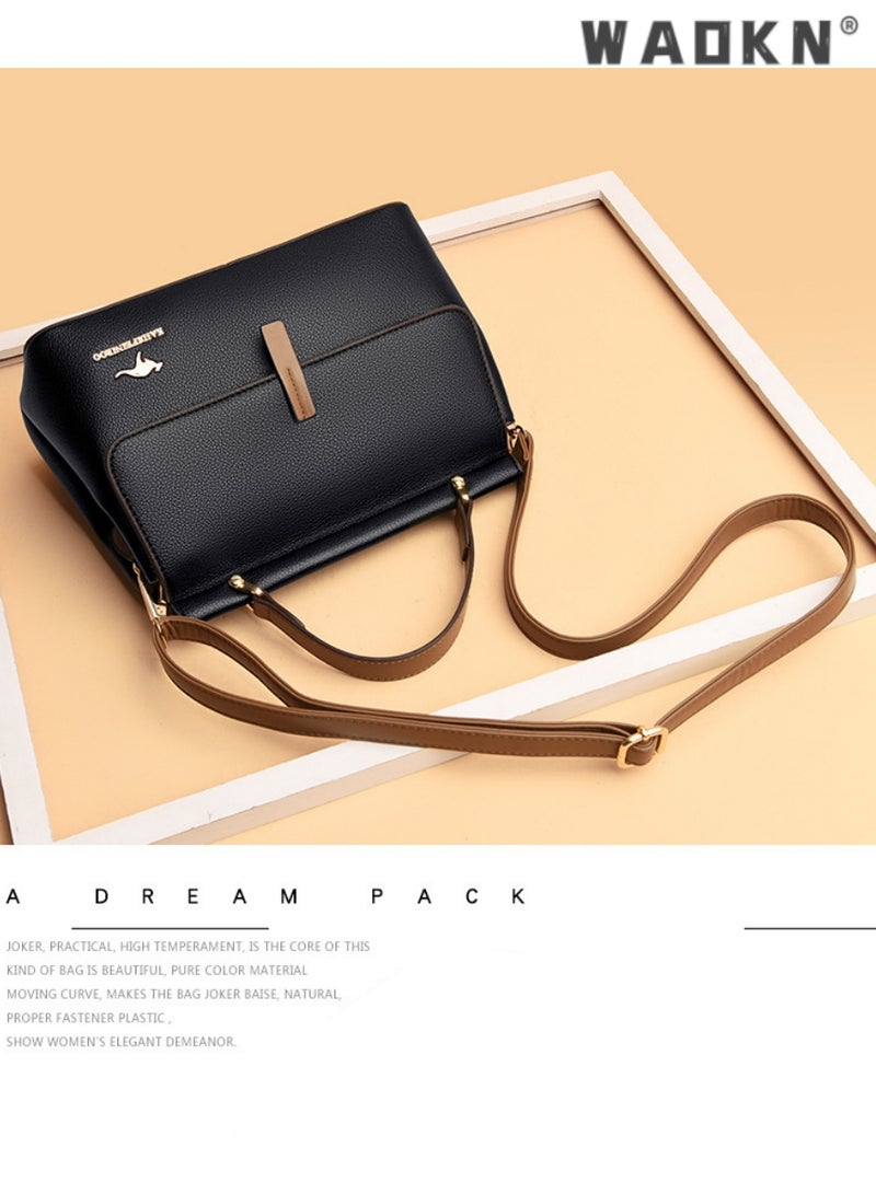 Texture Shoulder Crossbody Bag Fashion Elegant Exquisite Multi-pocket Charm High-Quality Fabric Large Capacity Handbag for Women/Mother/Girl Friend Gift Soft Leather Waterproof Fashion Handbag Black