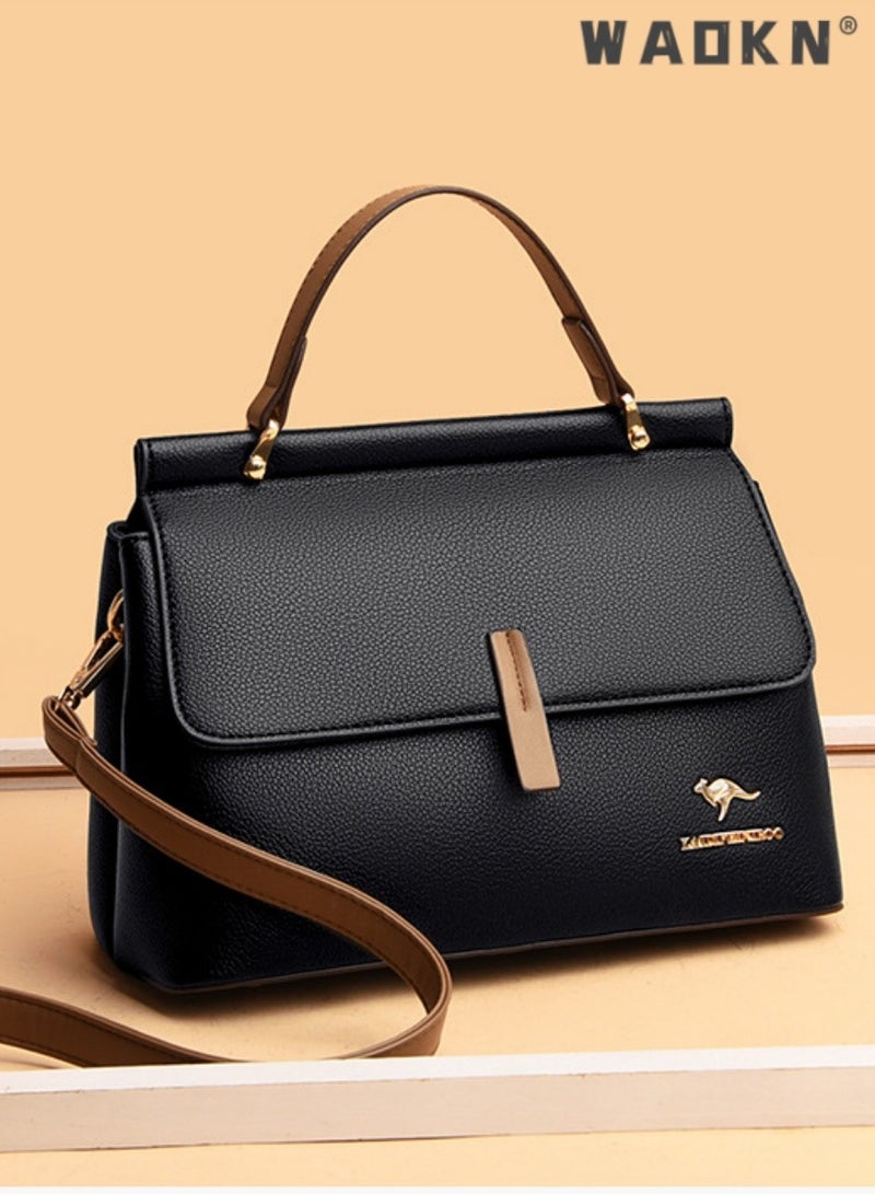 Texture Shoulder Crossbody Bag Fashion Elegant Exquisite Multi-pocket Charm High-Quality Fabric Large Capacity Handbag for Women/Mother/Girl Friend Gift Soft Leather Waterproof Fashion Handbag Black