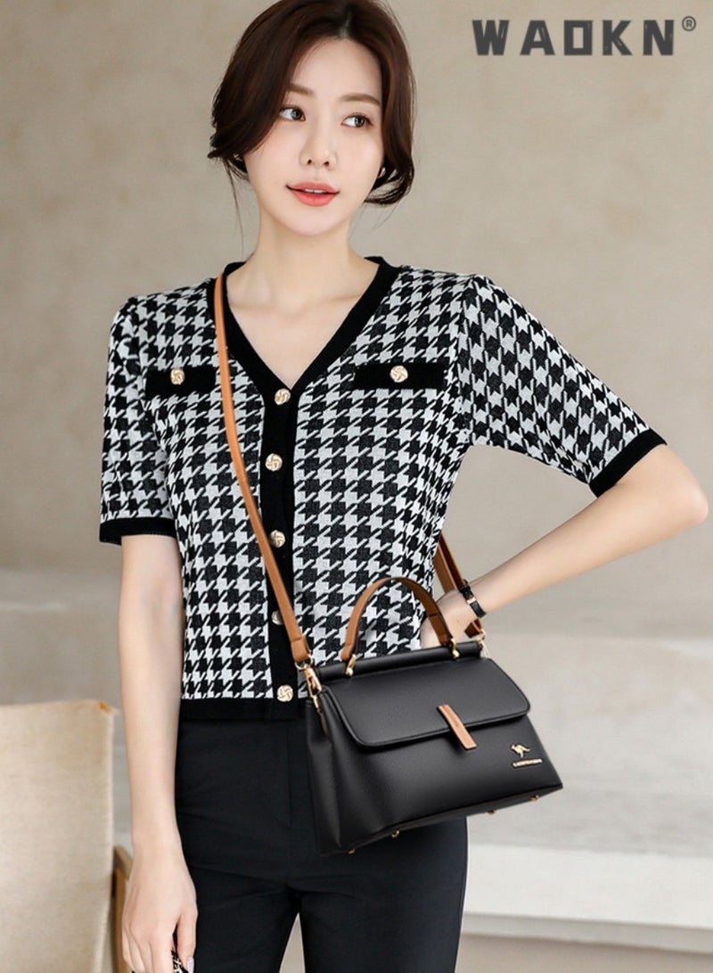 Texture Shoulder Crossbody Bag Fashion Elegant Exquisite Multi-pocket Charm High-Quality Fabric Large Capacity Handbag for Women/Mother/Girl Friend Gift Soft Leather Waterproof Fashion Handbag Black