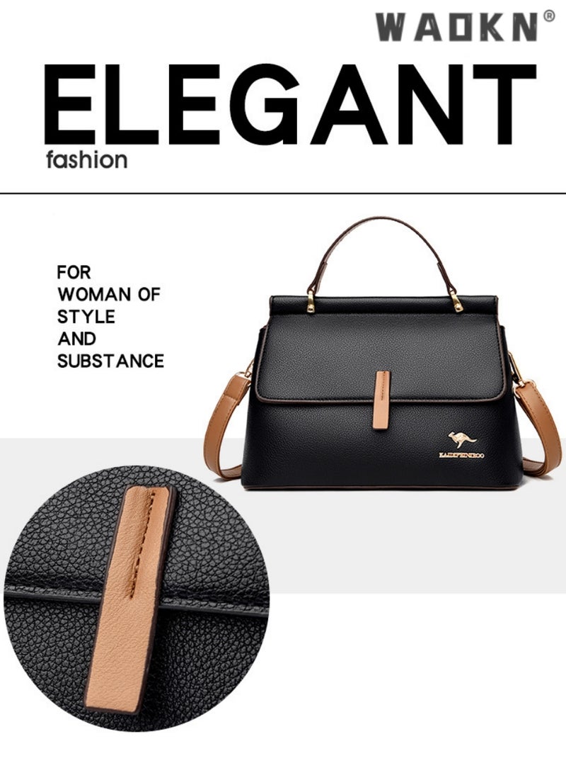 Texture Shoulder Crossbody Bag Fashion Elegant Exquisite Multi-pocket Charm High-Quality Fabric Large Capacity Handbag for Women/Mother/Girl Friend Gift Soft Leather Waterproof Fashion Handbag Black