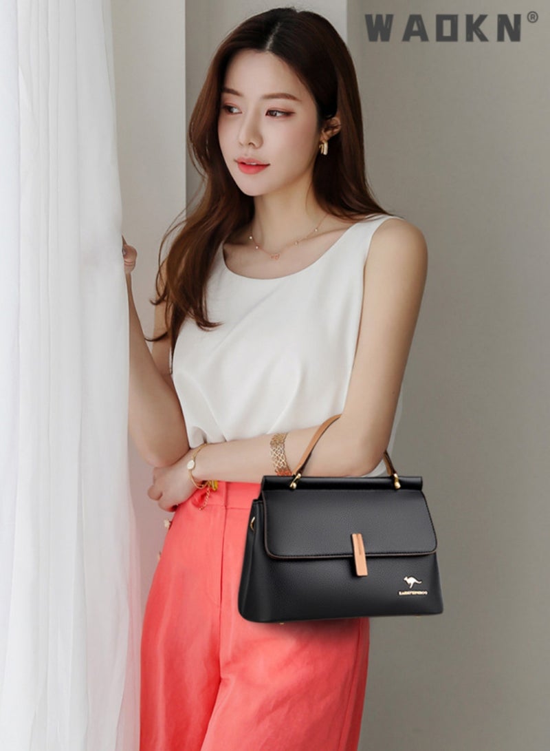 Texture Shoulder Crossbody Bag Fashion Elegant Exquisite Multi-pocket Charm High-Quality Fabric Large Capacity Handbag for Women/Mother/Girl Friend Gift Soft Leather Waterproof Fashion Handbag Black