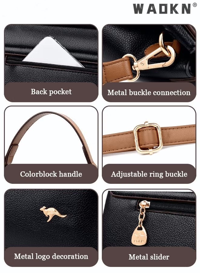 Texture Shoulder Crossbody Bag Fashion Elegant Exquisite Multi-pocket Charm High-Quality Fabric Large Capacity Handbag for Women/Mother/Girl Friend Gift Soft Leather Waterproof Fashion Handbag Black