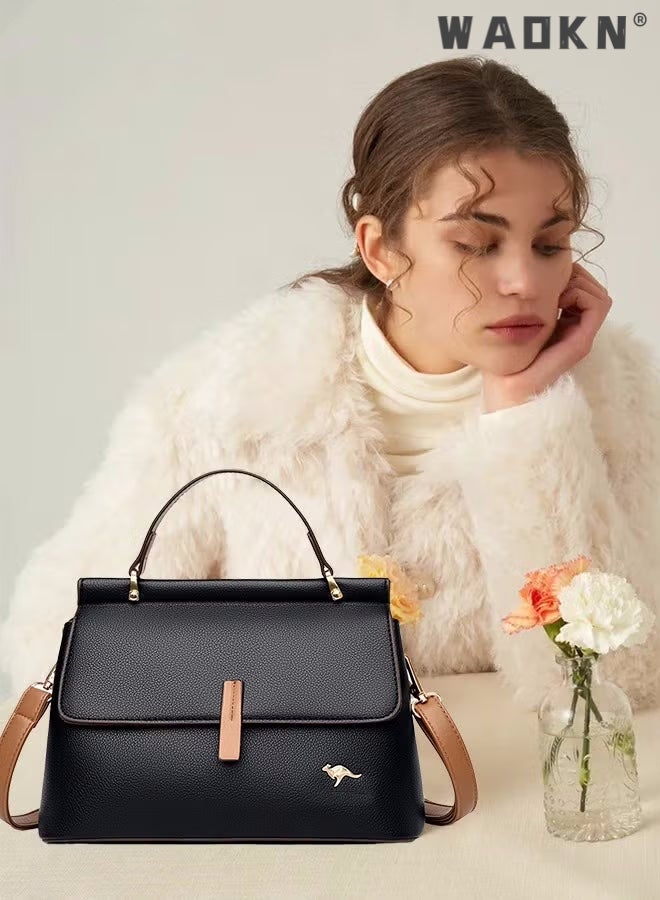 Texture Shoulder Crossbody Bag Fashion Elegant Exquisite Multi-pocket Charm High-Quality Fabric Large Capacity Handbag for Women/Mother/Girl Friend Gift Soft Leather Waterproof Fashion Handbag Black