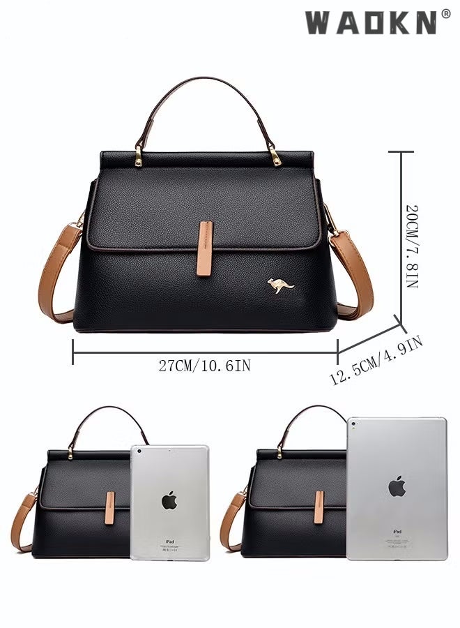 Texture Shoulder Crossbody Bag Fashion Elegant Exquisite Multi-pocket Charm High-Quality Fabric Large Capacity Handbag for Women/Mother/Girl Friend Gift Soft Leather Waterproof Fashion Handbag Black