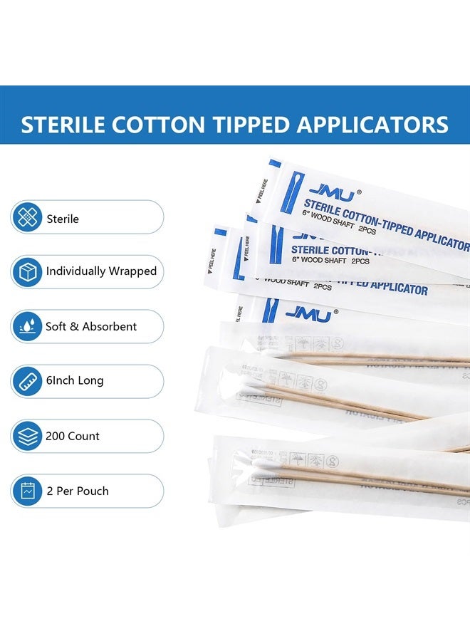 6 Inch Sterile Cotton Tipped Applicators, 200 Count Long Cotton Swabs, Wood Shaft Medical Swabs