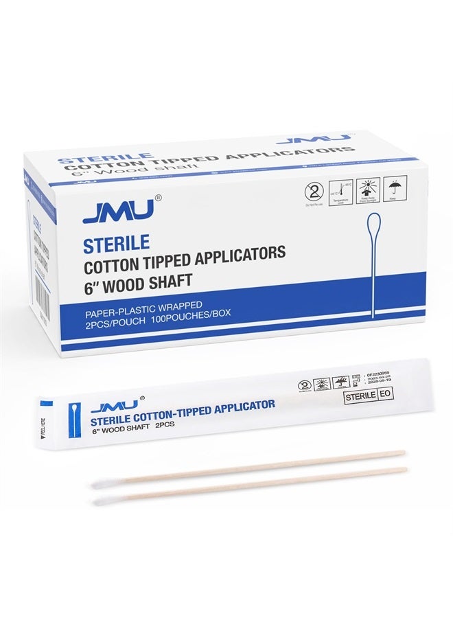 6 Inch Sterile Cotton Tipped Applicators, 200 Count Long Cotton Swabs, Wood Shaft Medical Swabs