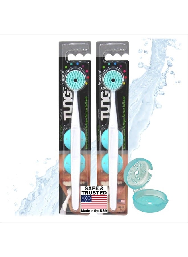 Tung Tongue Brush with Caps | Tongue Cleaner for Adults | Tongue Scraper | Tongue Scrubber | Bad Breath and Halitosis | Mouth Odor Eliminator | Made in America (2 Pack w/Cap)